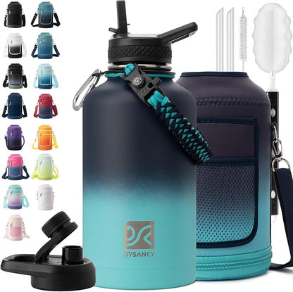 Insulated Water Bottle | Thickened Stainless Steel Vacuum Metal | Portable Sports Half Gallon Large Water Jug for Gym and Hiking with Straw, Carrier Bag, Handle Strap | BPA-Free 64 oz