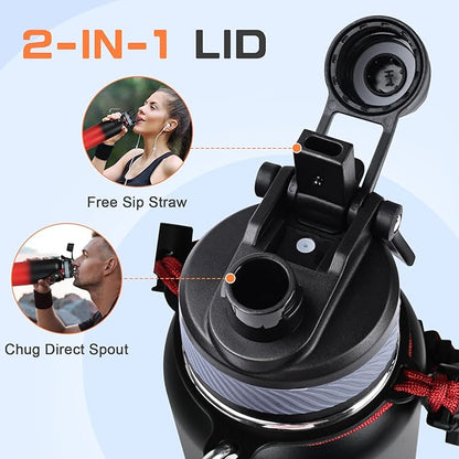 40 oz Insulated Water Bottle with Straw& Spout 2-in-1 Lid, Triple Wall Vacuum Stainless Steel Cold 48H, Leak Proof Sports Metal Flask Jug with Paracord Handle, Black Red