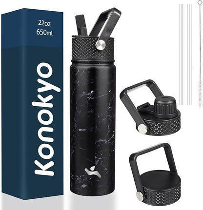 22oz Stainless Steel Bottles with 3 Lids Sport Insulated Water Bottle,Marble Midnight