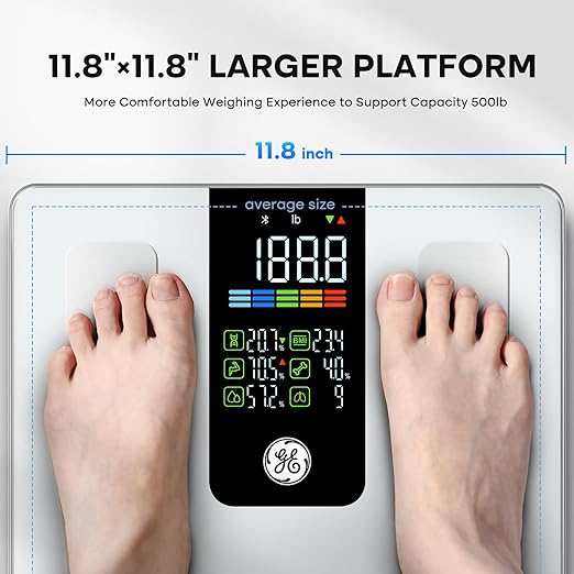 GE Scale for Body Weight Smart: Digital Bathroom Body Fat Scales for BMI Muscle Bluetooth Body Composition Monitor 11.8" Large Platform Accurate Weighing Machine Health Analyzer with App 500lbs, White