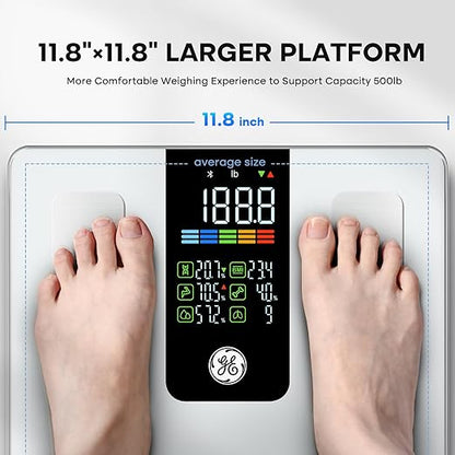 GE Scale for Body Weight Smart: Digital Bathroom Body Fat Scales for BMI Muscle Bluetooth Body Composition Monitor 11.8" Large Platform Accurate Weighing Machine Health Analyzer with App 500lbs, White