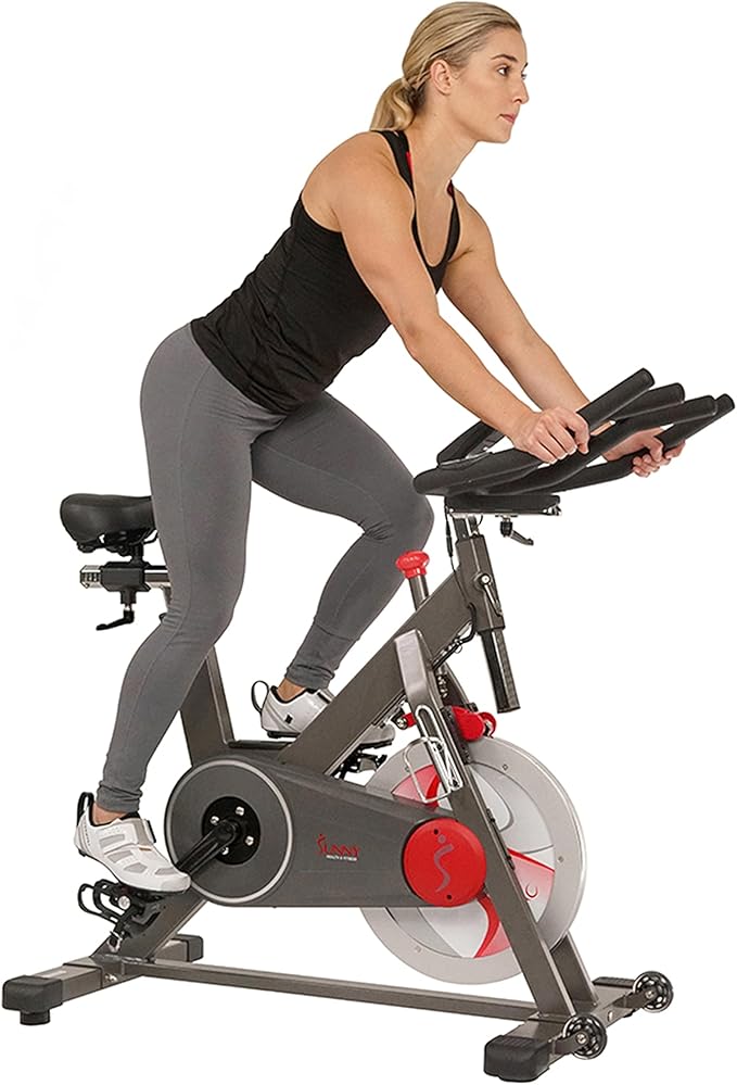 Sunny Health & Fitness Magnetic Exercise Bike, 44LB Flywheel & 300LB Weight Capacity for Intensive Home Workout, Indoor Cardio Training w/4-Way Adjustable Seat, Optional Free SunnyFit App Connection