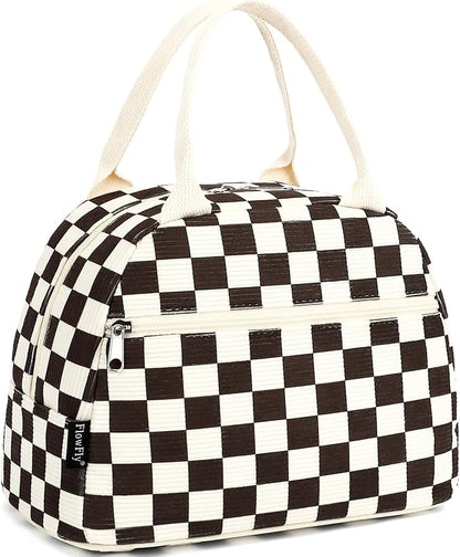 FlowFly Lunch Bag for Women Insulated Lunch Box Corduroy Lunch Tote Cooler for Travel Work Picnic,Corduroy Plaid Coffee