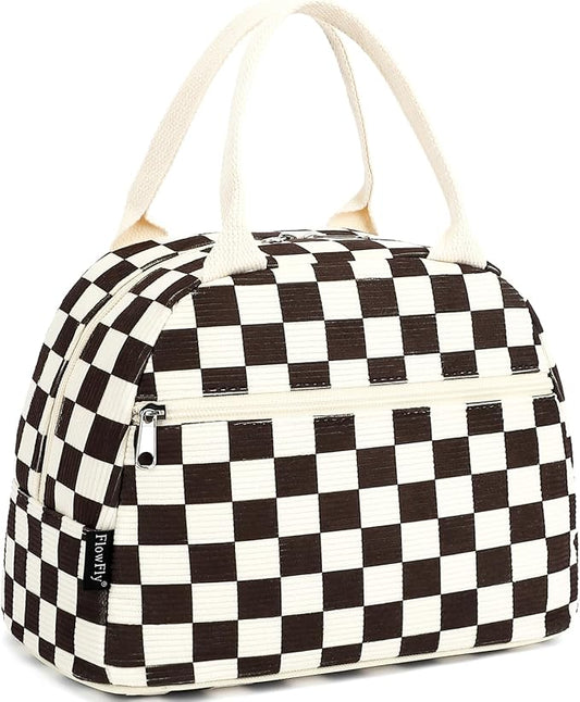 FlowFly Lunch Bag for Women Insulated Lunch Box Corduroy Lunch Tote Cooler for Travel Work Picnic,Corduroy Plaid Coffee