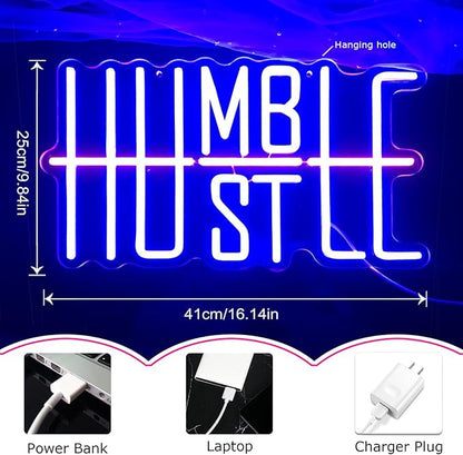 Humble&Hustle Neon Sign Light Up for Wall Decor Hustle Led Sign for Gym Small Acrylic Art Decor for Office Bedroom Decorations 16.54x9.45 inch