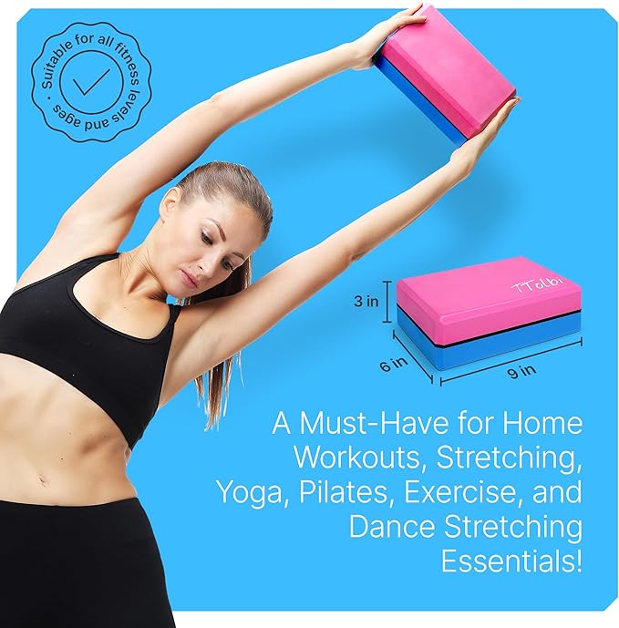 Yoga Blocks 2 Pack Set with Dance Stretch Band & Guide: Non-Slip EVA Foam Block - Ideal Stretching Equipment for Home Workouts, Pilates, Dance, Ballet, Gymnastics, Exercise - Stretch Strap Stuff Props