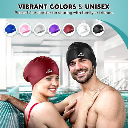 2 Pack Swim Cap for Women Men Adult, Silicone Swimming Caps for Short Long Hair, Waterproof Swim Hats Bathing Caps to Keep Hair Dry with Nose Clip and Earplugs