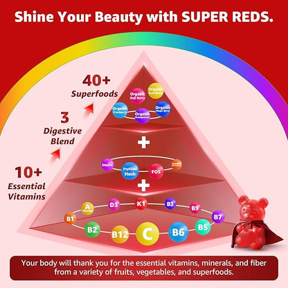 Fruit and Veggie Supplement, Super Greens & Reds Gummies w/40+ Superfoods, Multivitamin, Polyphenol, Spirulina Chlorella, Beet Root Powder Alternative, Support Energy Antioxidants & Gut Health, 120Cts