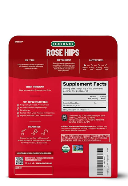 FGO Organic Rosehips Tea, Cut and Sifted, 16 Ounce Resealable Bag, Packaging May Vary (Pack of 1)