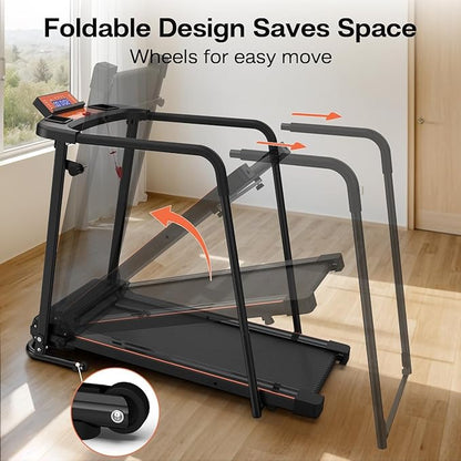Foldable Walking Treadmill for Seniors with Long Handrails, APP Control & 3D Virtual Scenes – 3.0HP Quiet Motor, 300 lb Capacity, Shock Absorption – Ideal for Home, Office & Small Spaces