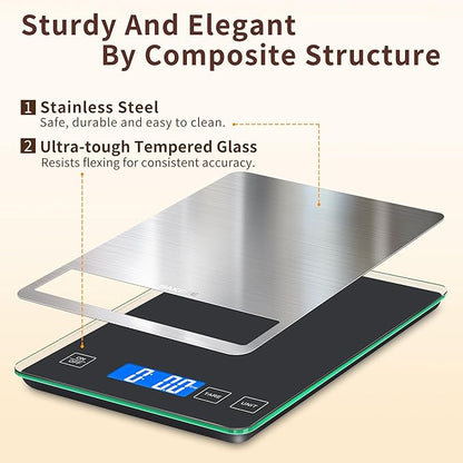 Food Scale, 33lb Digital Kitchen Scale with Stainless Steel & Tempered Glass, 1g / 0.05oz Precise Graduation, Waterproof and Sturdy Surface, for Cooking, Baking, Weight Loss, Meal Prep