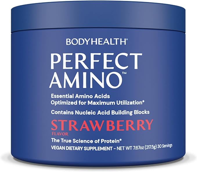 BodyHealth PerfectAmino Powder - BCAA and EAA Powder for Pre and Post Workout - Amino Acid Energy Drink for Men and Women to Support Lean Muscle and Recovery - Strawberry - 30 Servings