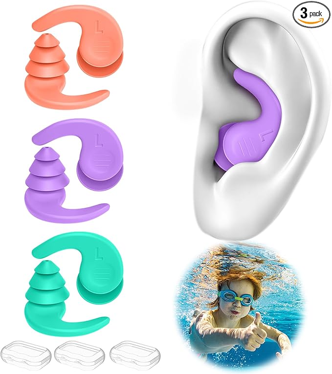 Kids Swimming Ear Plugs,3 Pairs Waterproof Reusable Silicone Child Swim Earplugs for Swimming Surfing Bathing Showering,Small Children Water Ear Plugs Suitable for Boys and Girls (Kids 4-12 Years Old)