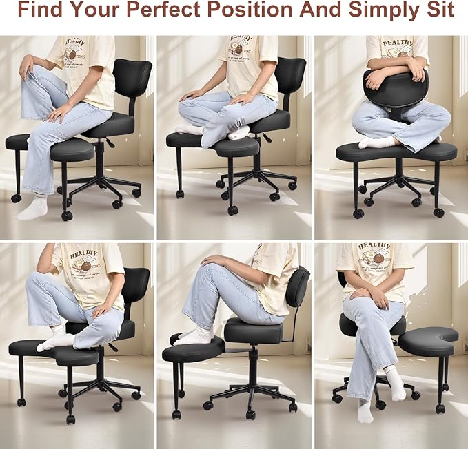 Meditation Chair Cross Legged ADHD Office Chair for Adults with Wheels Ergonomic Back Support and Leg Rest for Multi Position Criss Cross Sitting Kneeling and Yoga Height Adjustable, Leather Style