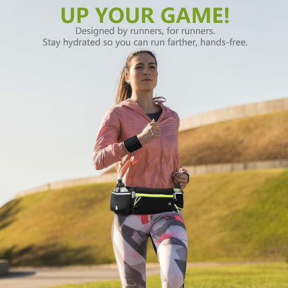Hydration Running Belt for Women & Men with 2 Water Bottles – Water-Resistant Waist Pack & Phone Holder, No-Bounce Fit for Running, Hiking, Workouts – Bonus Sweatband, Fits All Phones