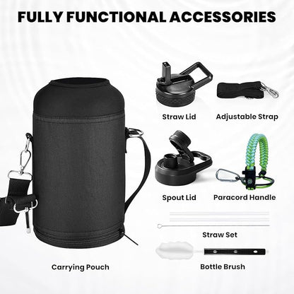 Insulated Water Bottle 64 oz, Triple Wall Vacuum Stainless Steel (Cold for 48 Hrs), Leak Proof & Non-BPA, Half Gallon Water Flask Jug with Paracord Handle & Straw Spout Lids