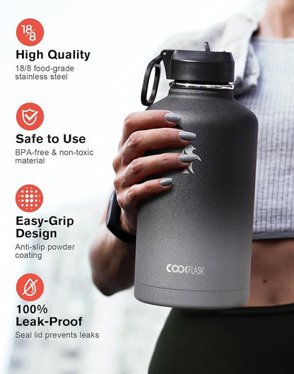 Half Gallon Insulated Water Bottle with Straw & 3 Lids, Coolflask 64 oz Water Jug Large Metal Stainless Steel Wide Mouth for Sports, Gym or Office, Non-BPA Keep Cold 48H Hot 24H, Piano Night