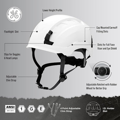 GE Safety Helmet, Impact Absorbing Tech, Adjustable Ratchet, ANSI Type 1, Memory Foam Padding, Hard Hats Protection, Lightweight, Durable, Chin Strap, Comfortable Fit OSHA Approved