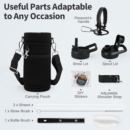 32 oz Insulated Water Bottle with Straw (Cold for 48 Hrs), Stainless Steel Triple Wall Vacuum Sports Water Jug, Leakproof Hydro Cup Flask with Paracord Handle & Straw Spout Lids & DIY Stickers