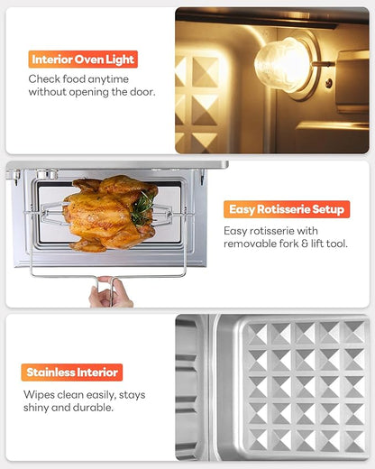 28QT Air Fryer Toaster Oven Combo, Large 12-in-1 Convection Countertop Oven with Next-Gen HeatWave Convection, 3-Layer Cooking, Rotisserie for Chicken, Fits 11" Pizza, Full Accessorie, Stainless Steel