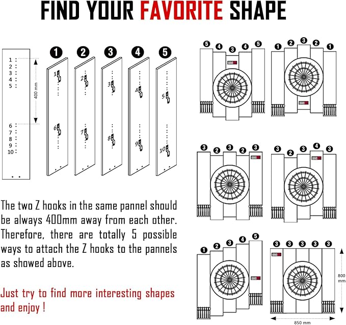 Knock-down Dartboard Backboard for A Large Area of Wall Protection Free Combination for Various Set-up Options Wooden Backboard with Black Veins Mounting Kits and Instructions Included Dartboard
