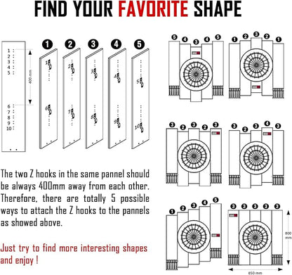 Knock-down Dartboard Backboard for A Large Area of Wall Protection Free Combination for Various Set-up Options Wooden Backboard with Black Veins Mounting Kits and Instructions Included Dartboard