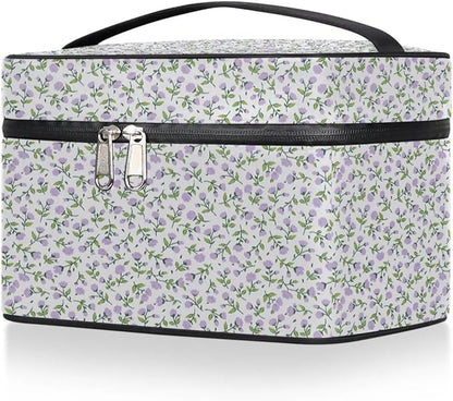Large Makeup Bag Travel Cosmetic Bags for Women Purple Vintage Bohemian Spring Flower Floral Makeup Organizer Case Toiletry Bag for Girls Traveling Wide Open Portable Pouch with Handle