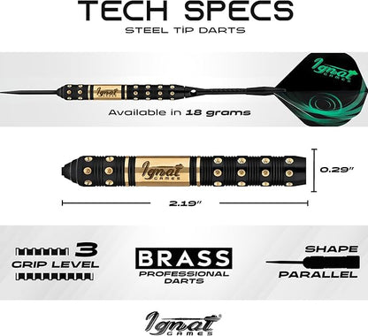 IgnatGames Premium Steel Tip Darts – 3/6/12 Pack Brass Barrels with Aluminum Shafts, 16 GlideXPro Flight Set, Tool Kit & Giftable Case