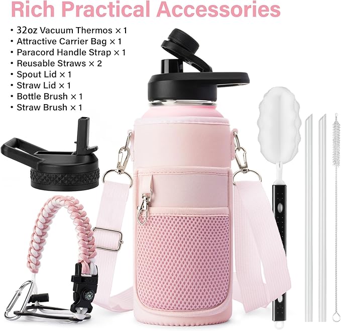Insulated Water Bottle | Thickened Stainless Steel Vacuum Metal | Portable Sports Water Jug for Gym and Hiking with Straw, Carrier Bag, Handle Strap | BPA-Free 32 oz, Pink