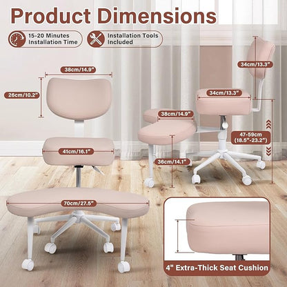 Meditation Chair Cross Legged ADHD Office Chair for Adults with Wheels Ergonomic Back Support and Leg Rest for Multi Position Criss Cross Sitting Kneeling and Yoga Height Adjustable, Leather Style