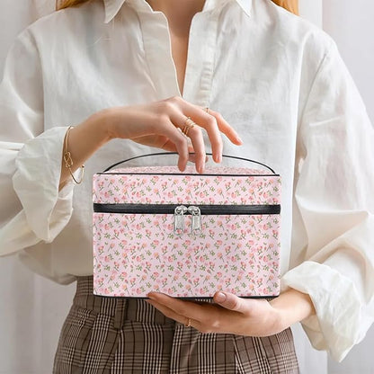 Large Makeup Bag Travel Cosmetic Bags for Women Pink Vintage Bohemian Spring Flower Floral Makeup Organizer Case Toiletry Bag for Girls Traveling Wide Open Portable Pouch with Handle