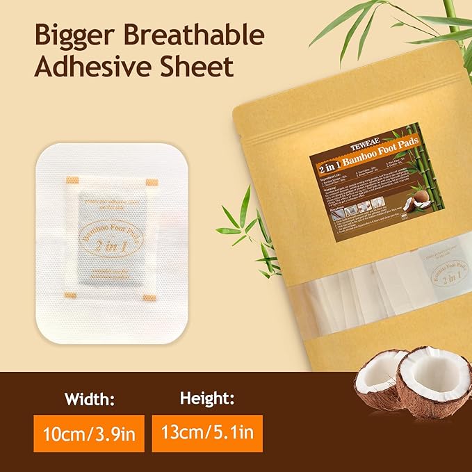 2 in 1 Foot Pads, 124 Pads Bamboo Vinegar Coconut Shell Powder Foot Pads with ''Stay in Place'' Bigger Adhesive Sheet