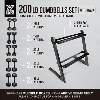 WF Athletic Supply 200Lb Dumbbell Set, 10-30Lb Dumbbell Set with Two-Tier Storage Rack for Muscle Toning, Strength Building & Weight Loss - Multiple Choices Available