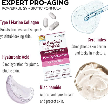 Hyaluronic Acid Supplements 200mg - Marine Collagen Peptides, Vitamin B3 Niacinamide, Ceramides Supplement - Deep Hydration & Anti-Aging Skin Care Complex for Women and Men - 60 Foil Sealed Tablets