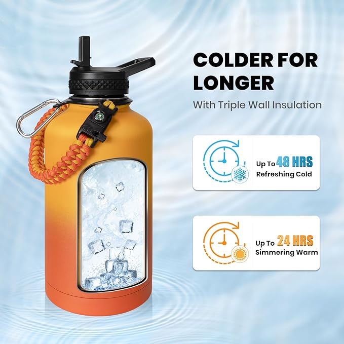 Insulated Water Bottle 64 oz, Triple Wall Vacuum Stainless Steel (Cold for 48 Hrs), Leak Proof & Non-BPA, Half Gallon Water Flask Jug with Paracord Handle & Straw Spout Lids, Ombre Orange