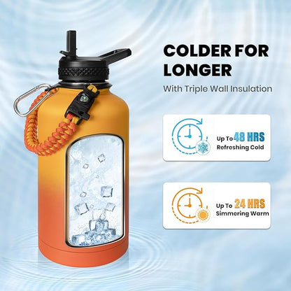 Insulated Water Bottle 64 oz, Triple Wall Vacuum Stainless Steel (Cold for 48 Hrs), Leak Proof & Non-BPA, Half Gallon Water Flask Jug with Paracord Handle & Straw Spout Lids, Ombre Orange