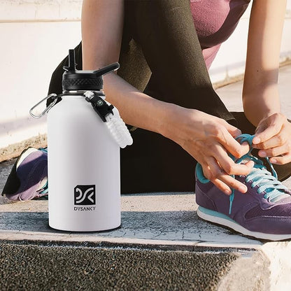 Insulated Water Bottle | Thickened Stainless Steel Vacuum Metal | Portable Sports Half Gallon Large Water Jug for Gym and Hiking with Straw, Carrier Bag, Handle Strap | BPA-Free 64 oz