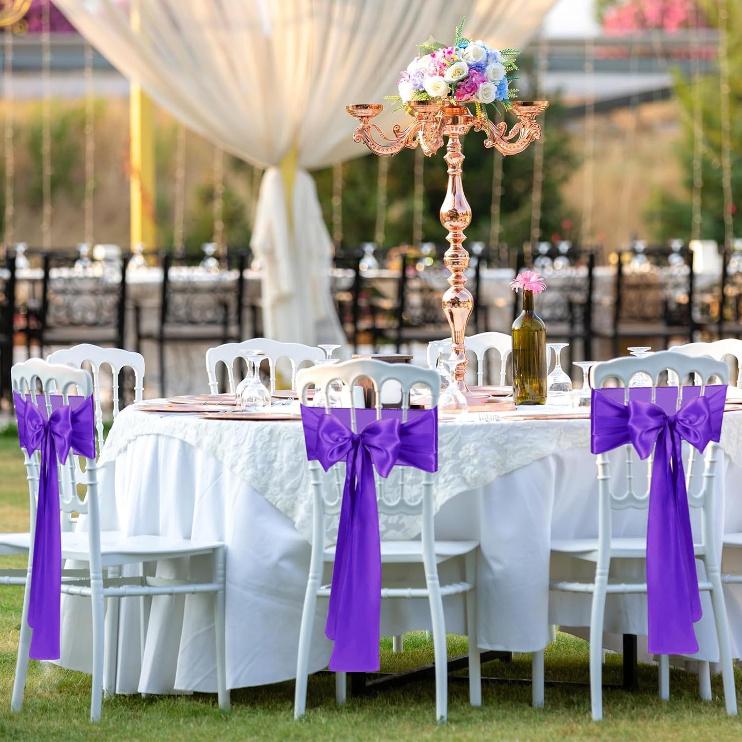 10 PCS Satin Chair Sashes Bows Universal Chair Ribbon Ties Back Sash for Wedding Party Reception Events Banquets Hotel Event Chair Cover Decoration (Champagne 7x108 inch)