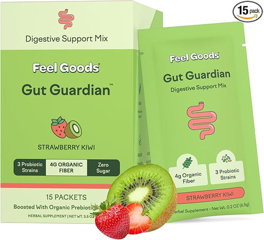 Feel Goods Gut Guardian, Organic Fiber, Probiotic & Prebiotic Powder, Sugar Free, Herbs for Bloat, Gut Health Support, Digestive Health for Men & Women, Non GMO, Vegan, Strawberry Kiwi, 15 Count