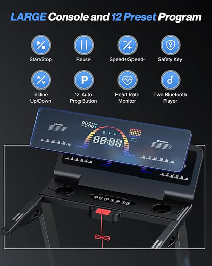 WELLFIT Auto Incline Treadmill, 10% Incline Heavyduty Treadmill with Pulse Sensor, 4.5HP, 10 MPH, 500 lbs Capacity, 20'' x 55'' Running Area Treadmills with Bluetooth Player & LED Display