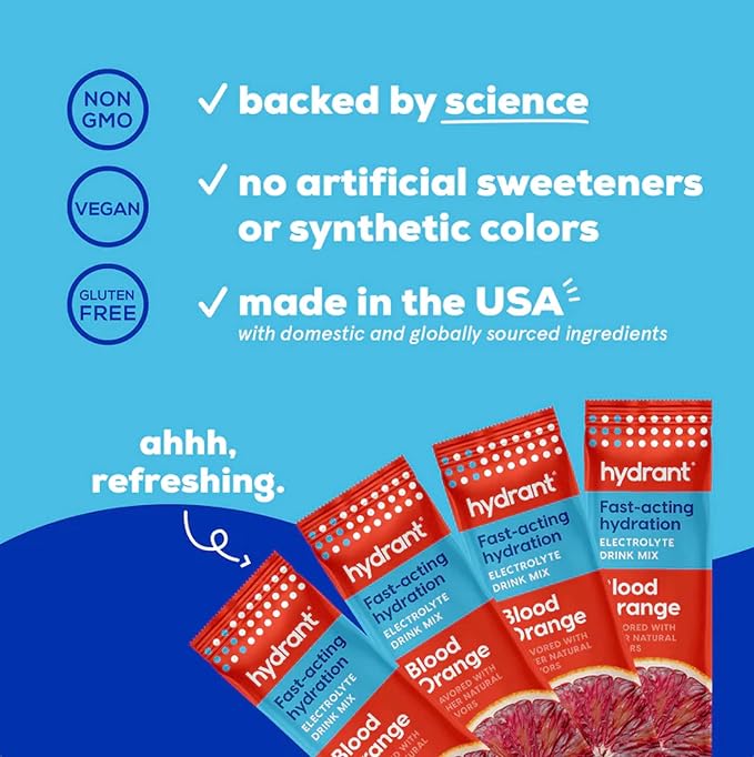 HYDRANT Hydrate, Individual Hydration Electrolyte Powder Stick Packets with No Artificial Sweeteners, Colors, or Fillers (Blood Orange, 30 Pack)