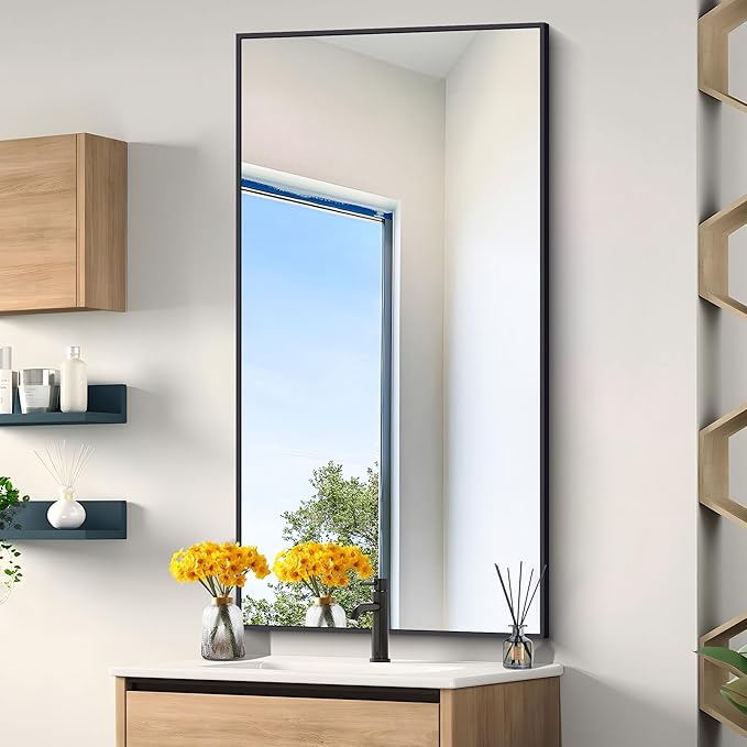 Black Bathroom Mirror for Wall, 24x48 Inch Rectangle Mirrors with Metal Frame, Modern Vanity Wall Mirror Decor for Entryway Hangs, Bathroom Living Room Horizontal or Vertical
