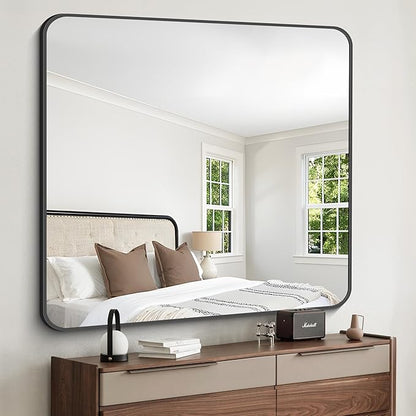 FORBATH Bathroom Mirror 42x42 Inch, Large Square Vanity Mirror with Black Aluminum Frame Rounded Corner, Wall Mounted Mirror for Bathroom Bedroom Entryway Living Room Home Decoration