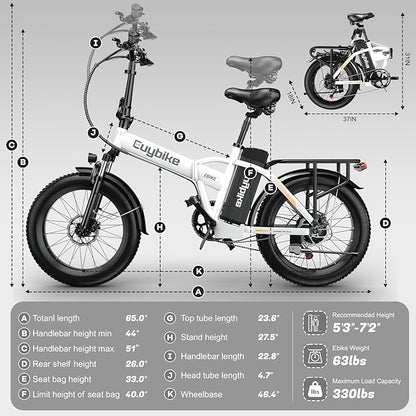 Foldable Electric Bike for Adults, 30+MPH, 48V 20Ah Removable Lithium Battery up to 80Miles, 20" Fat Tire 1000W Peak Motor Dirt Ebike Adult Electric Bicycle for Commute Beach Mountain E Bike