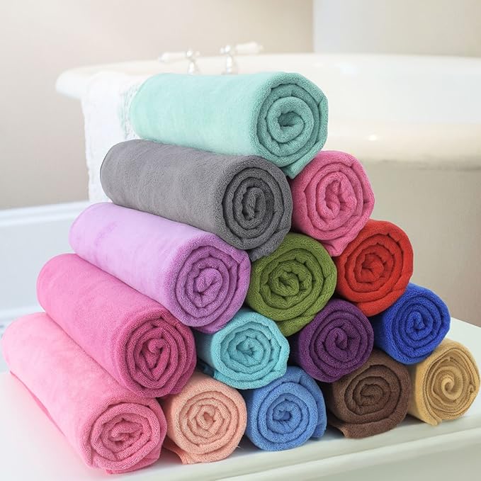 JML Microfiber Towels, Bath Towel Sets (6 Pack, 27" x 55") - Extra Absorbent, Fast Drying, Multipurpose for Bath, Swimming, Fitness, Sports, Yoga, Dark Blue/Green/Pink