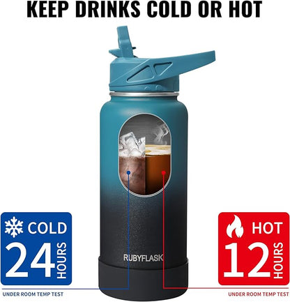 32oz Insulated Water Bottle with Straw, Stainless Steel Metal Vacuum Water Flask, Large Thermal Water bottle with Leakproof 3 Lids for Travel, Camping, Gym Sports Indigo Black