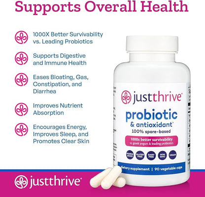 Just Thrive Probiotic & Antioxidant Supplement - 100% Spore-Based Digestive and Immune Support - Gluten Free, 90 Caps