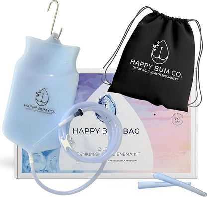 Happy Bum Bag Enema Kit | 6.5ft Silicone Hose, 2L Non-Toxic Silicone Enema Bag with 3 Replacement Tips | Reusable Coffee Enema Kit Suitable for Water & Coffee Enemas for Colon Cleanse for Women & Men