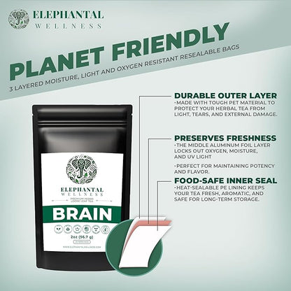 Elephantal Wellness Premium Brain Herbal Tea | Nootropic Focus & Mental Clarity with Ginkgo, Bacopa, Gotu Kola & Rosemary | Non-GMO, Caffeine-Free Coffee Alternative, Handmade Loose Leaf Blend, 2oz Loose Leaf, 20 Servings
