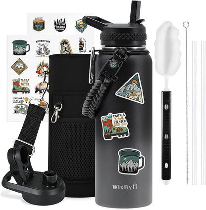 40 oz Insulated Water Bottle with Straw (Cold for 48 Hrs), Stainless Steel Triple Wall Vacuum Sports Water Jug, Leakproof Hydro Cup Flask with Paracord Handle & Straw Spout Lids & DIY Stickers